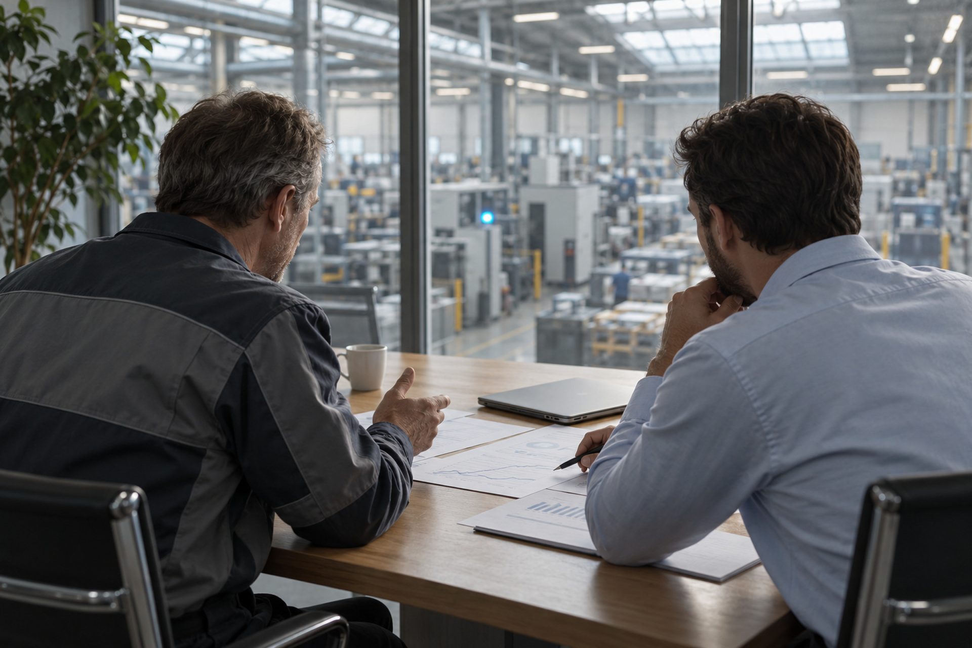 Zwei Personen von hinten an einem Besprechungstisch mit Ausdrucken und einem Laptop, durch die Glaswand der Blick in die Fertigungshalle