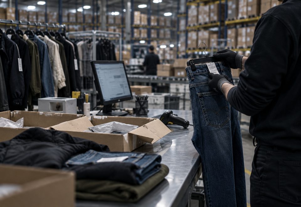 Retourenstation in einem Versandlager, eine Person prüft eine Jeans mit Etikett, daneben eine Kleiderstange und offene Kartons