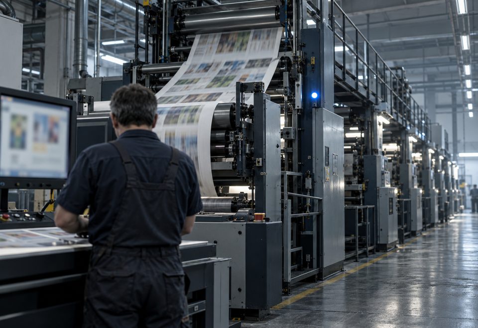Rollenoffset-Druckmaschine mit laufender Papierbahn, ein Drucker von hinten am Leitstand mit Monitor