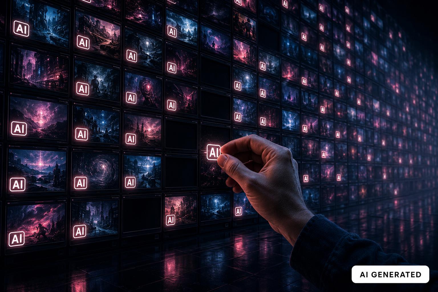 AI content labeling illustrated: a wall of screens showing AI-generated images, each carrying a glowing AI label, a hand attaching one more label to a screen, a visible AI Generated mark in the bottom right corner