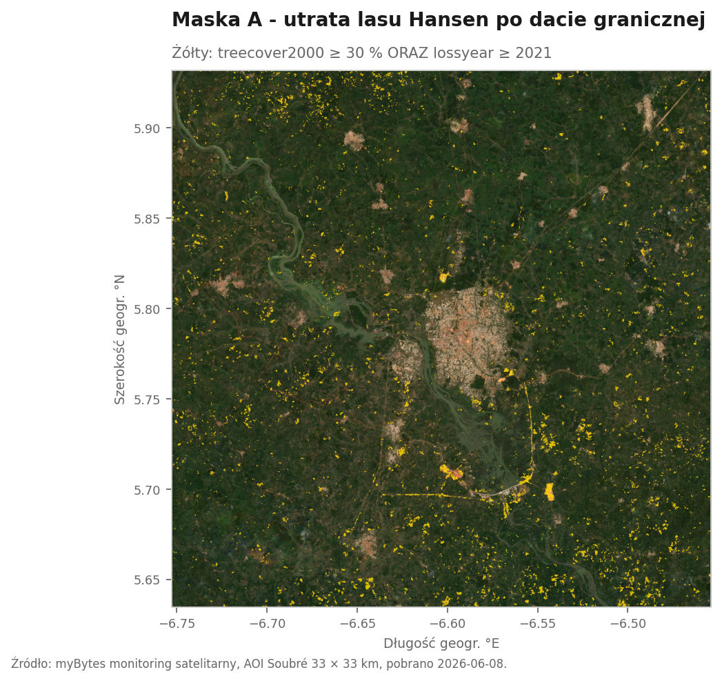 Scena Sentinel-2 RGB AOI Soubré z żółtymi płatami utraty lasu Hansena jako nakładka maski A. Żółte skupiska pokazują wzorzec drobnych producentów zachodnioafrykańskiego pasa kakaowego.