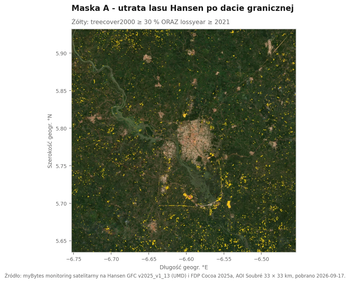 Scena Sentinel-2 RGB AOI Soubré z żółtymi płatami utraty lasu Hansena jako nakładka maski A. Żółte skupiska pokazują wzorzec drobnych producentów zachodnioafrykańskiego pasa kakaowego.