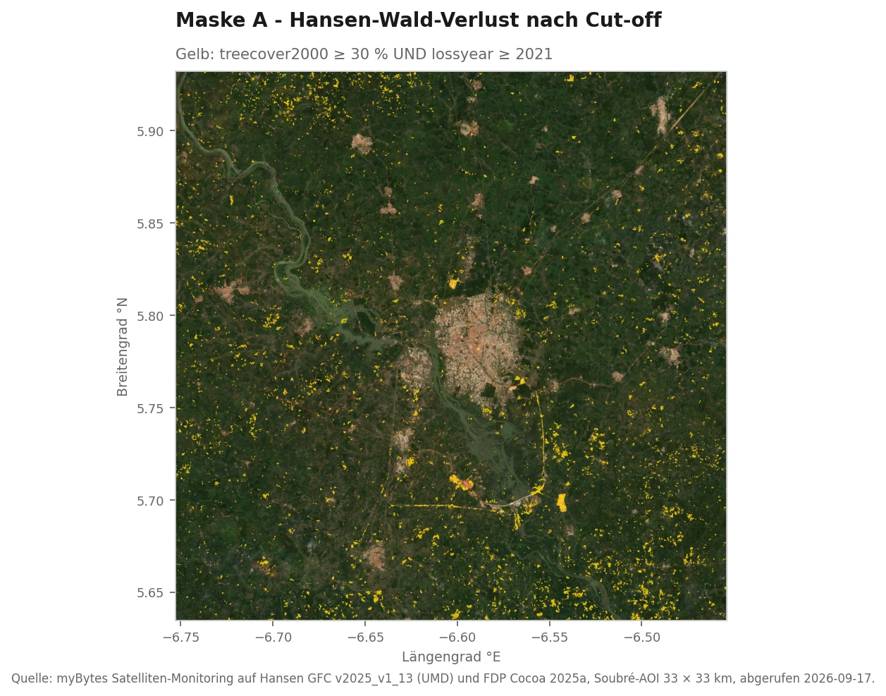 Sentinel-2-RGB-Aufnahme der Soubré-AOI mit gelben Hansen-Wald-Verlust-Patches als Maske-A-Overlay. Die gelben Cluster zeigen das Smallholder-Muster der westafrikanischen Cocoa-Belt-Region.