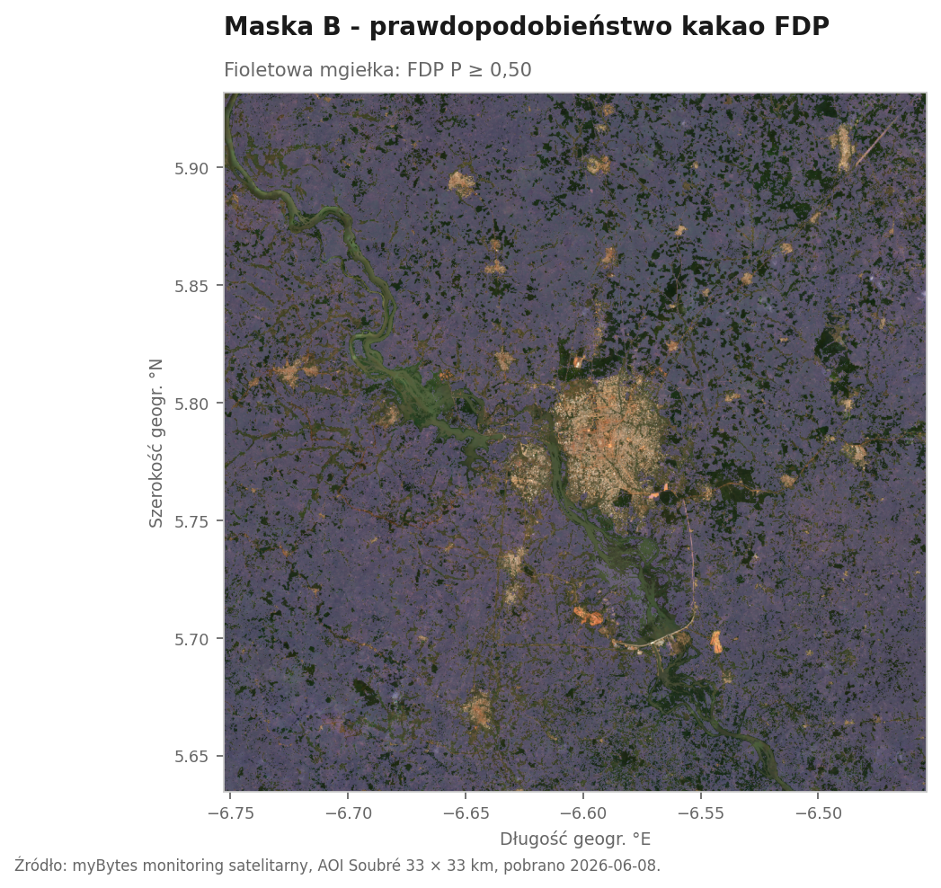 Scena Sentinel-2 RGB AOI Soubré z fioletową zasłoną jako nakładka maski B. Fioletowy obszar pokazuje, gdzie model prawdopodobieństwa kakao FDP klasyfikuje piksel z P ≥ 0,50 jako plantację kakao.