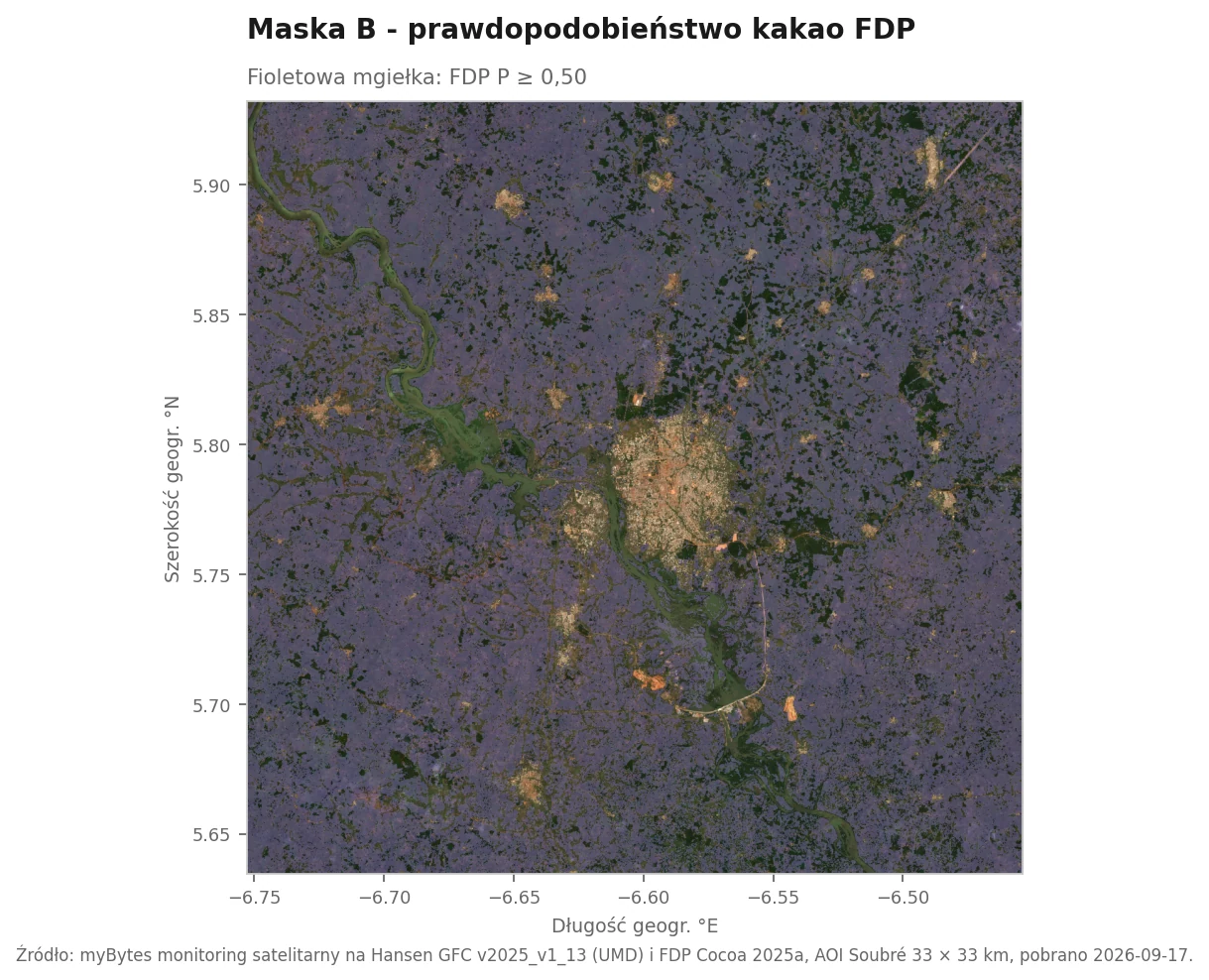 Scena Sentinel-2 RGB AOI Soubré z fioletową zasłoną jako nakładka maski B. Fioletowy obszar pokazuje, gdzie model prawdopodobieństwa kakao FDP klasyfikuje piksel z P ≥ 0,50 jako plantację kakao.
