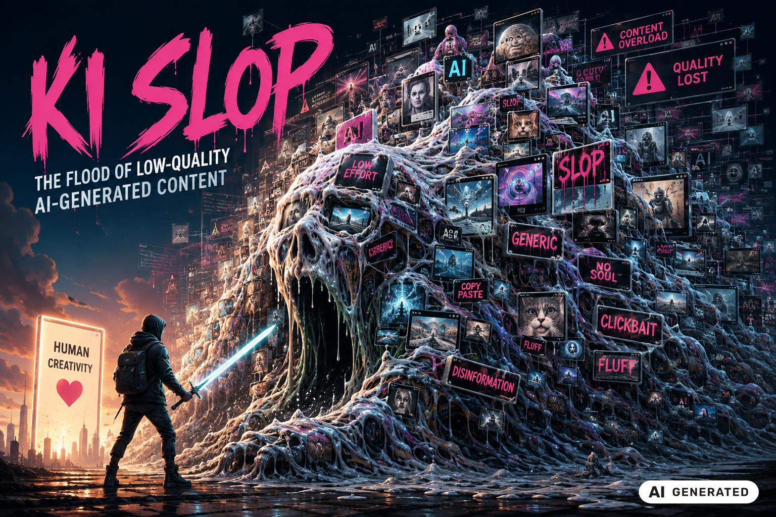 KI-Slop-Illustration: eine Flut massenhaft generierter Inhalte als Welle aus Bildschirmen mit Etiketten wie Clickbait und Disinformation, davor ein Mensch vor der Tafel Human Creativity, unten rechts das sichtbare Label AI Generated