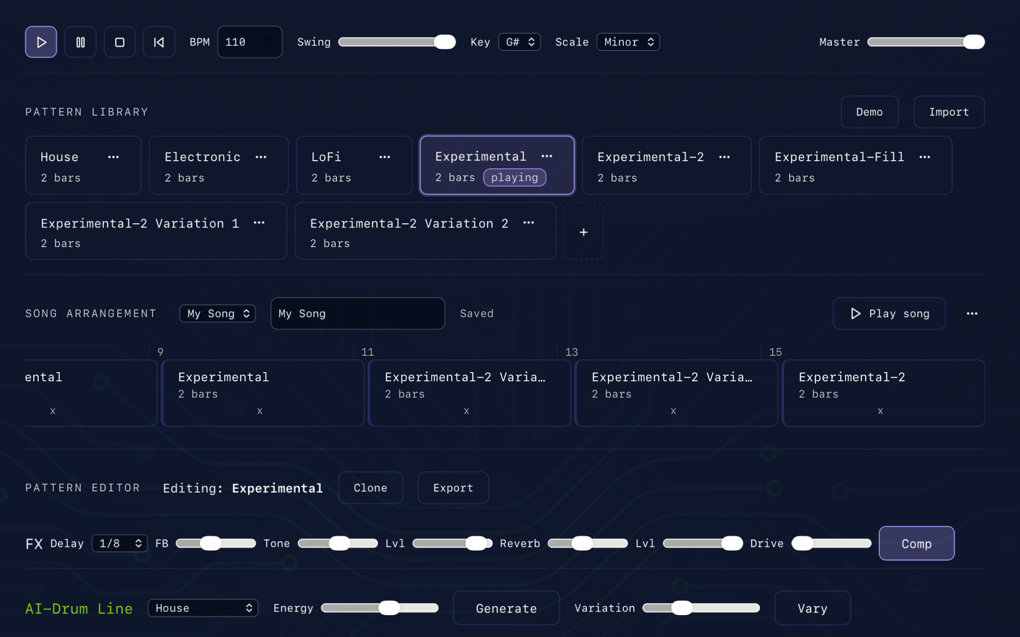 The AI groovebox workstation in the browser: transport controls, pattern library and the song arrangement timeline.