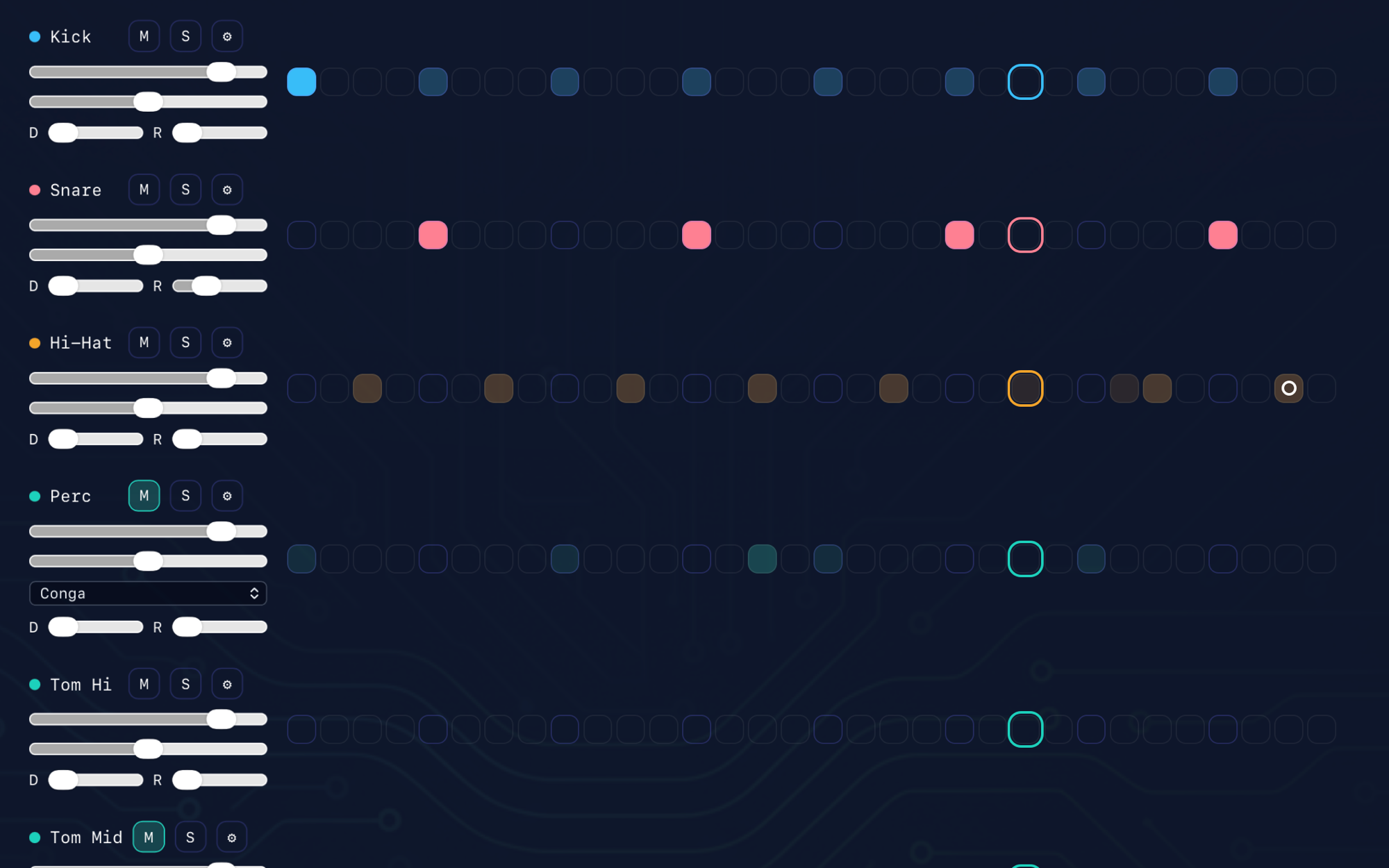 The step sequencer of the browser groovebox: twelve colour-coded tracks with mute, solo and mixer controls per track.